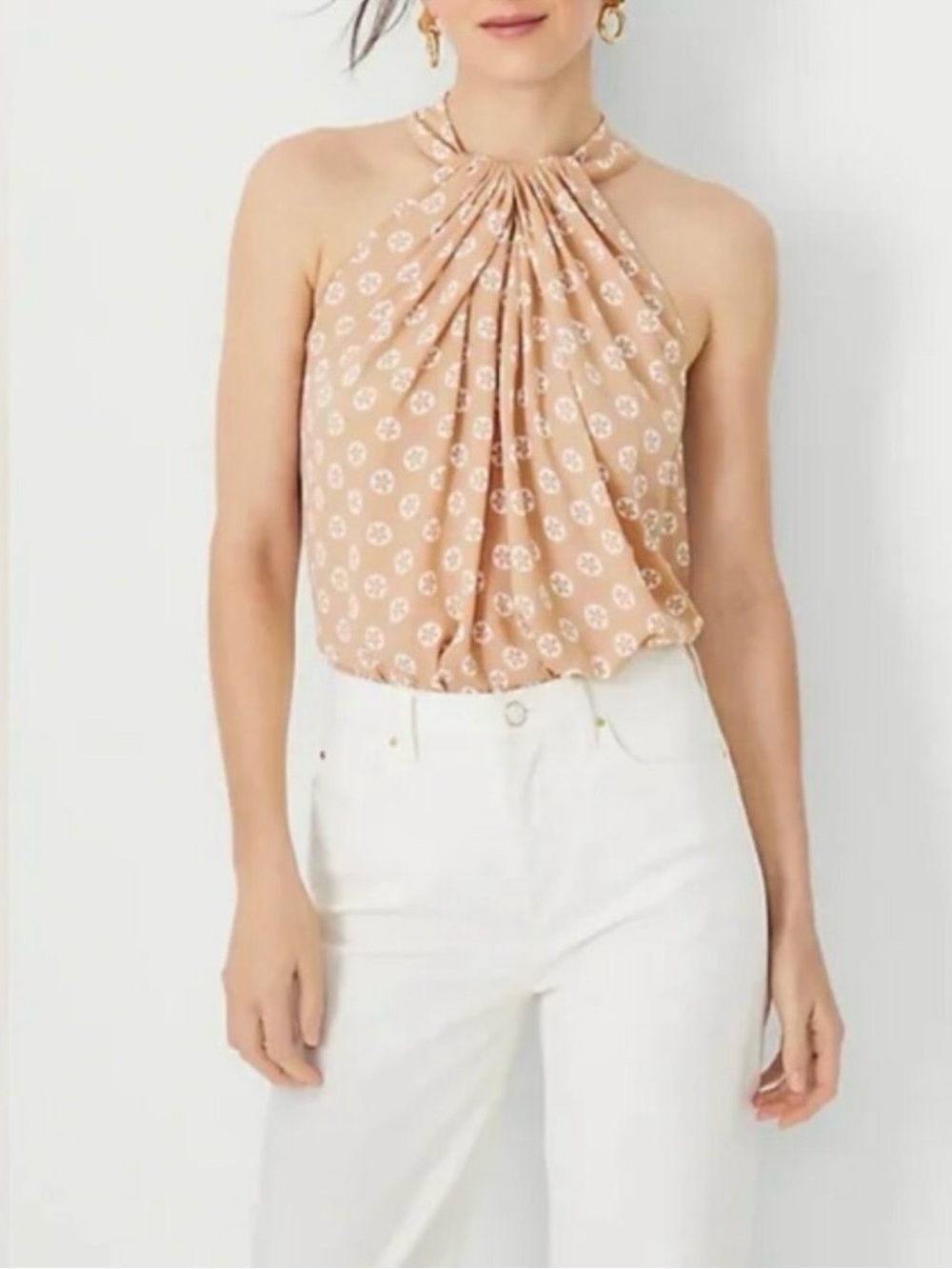 Ann Taylor Floral Mixed Media Draped Halter Top In Cafe Au Lait NWOT